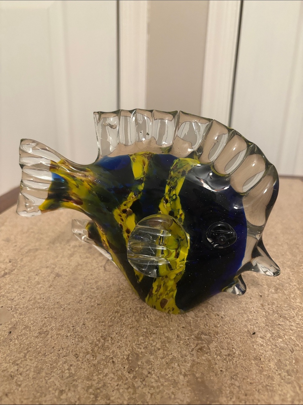 Handblown Glass Fish Figurine - Blue and Yellow Decorative Accent